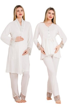 Ekru Renkli Derin Patlı, Dantel Detaylı, 33005 Sabahlıklı 3lü Lohusa Hamile Pijama Takımı Ekru Renkli Derin Patlı, Dantel Detaylı, 33005 Sabahlıklı 3lü Lohusa Hamile Pijama Takımı