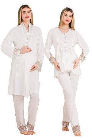 Ekru Renkli Derin Patlı, Dantel Detaylı,  33005 Sabahlıklı 3lü Lohusa Hamile Pijama Takımı