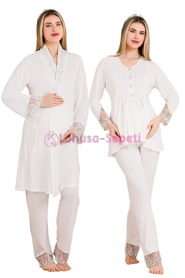 Ekru Renkli Derin Patlı,  33005 Sabahlıklı 3lü Lohusa Hamile Pijama Takımı | Lohusa-Sepeti.com