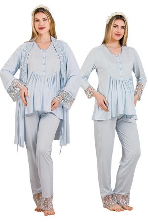 Bebe Mavi Renkli Derin Patlı, Dantel Detaylı,  33005 Sabahlıklı 3lü Lohusa Hamile Pijama Takımı
