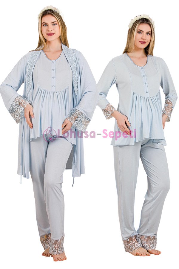 Mavi Renkli Derin Patlı,  33005 Sabahlıklı 3lü Lohusa Hamile Pijama Takımı | Lohusa-Sepeti.com