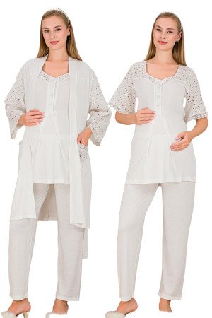 Ekru Renkli Derin Patlı,  33006 Sabahlıklı 3lü Lohusa Hamile Pijama Takımı