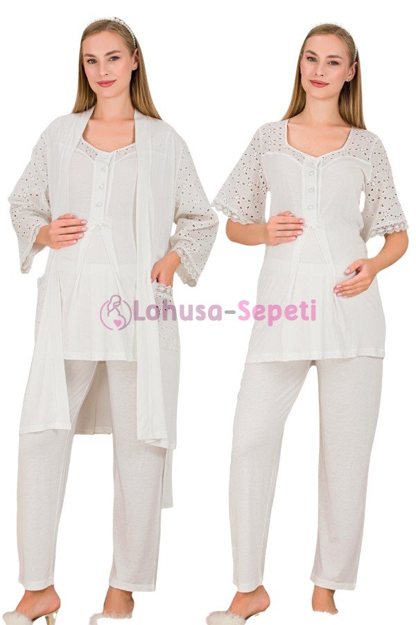 Ekru Renkli Derin Patlı,  33006 Sabahlıklı 3lü Lohusa Hamile Pijama Takımı | Lohusa-Sepeti.com