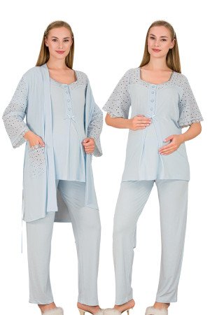 Bebe Mavi Renkli Derin Patlı,  33006 Sabahlıklı 3lü Lohusa Hamile Pijama Takımı