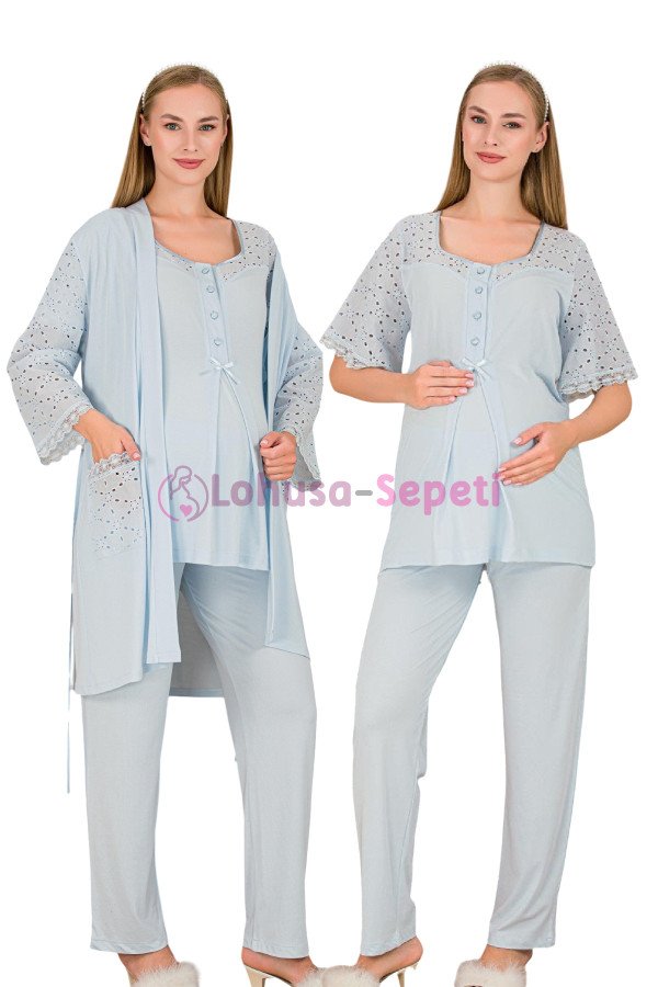 Mavi Renkli Derin Patlı,  33006 Sabahlıklı 3lü Lohusa Hamile Pijama Takımı | Lohusa-Sepeti.com