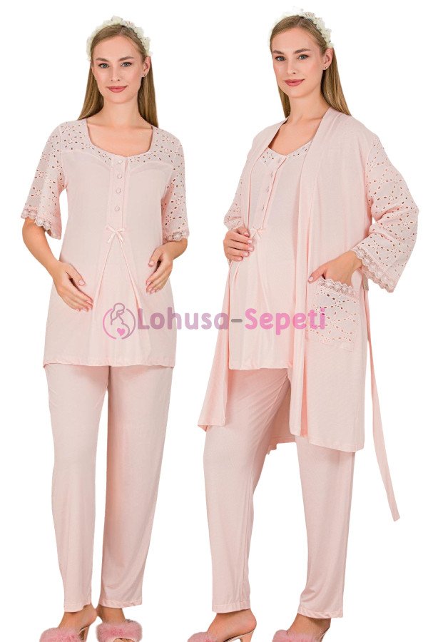 Pembe Renkli Derin Patlı,  33006 Sabahlıklı 3lü Lohusa Hamile Pijama Takımı | Lohusa-Sepeti.com