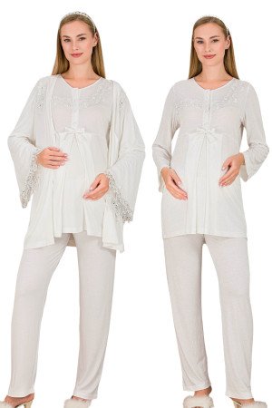 Ekru Renkli, Dantel Detaylı, Derin Patlı,  33007 Sabahlıklı 3lü Lohusa Hamile Pijama Takımı