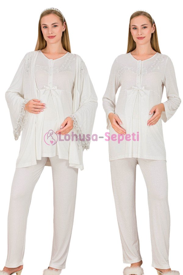 Ekru Renkli Derin Patlı,  33007 Sabahlıklı 3lü Lohusa Hamile Pijama Takımı | Lohusa-Sepeti.com