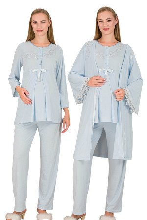 Bebe Mavi Renkli, Dantel Detaylı, Derin Patlı,  33007 Sabahlıklı 3lü Lohusa Hamile Pijama Takımı