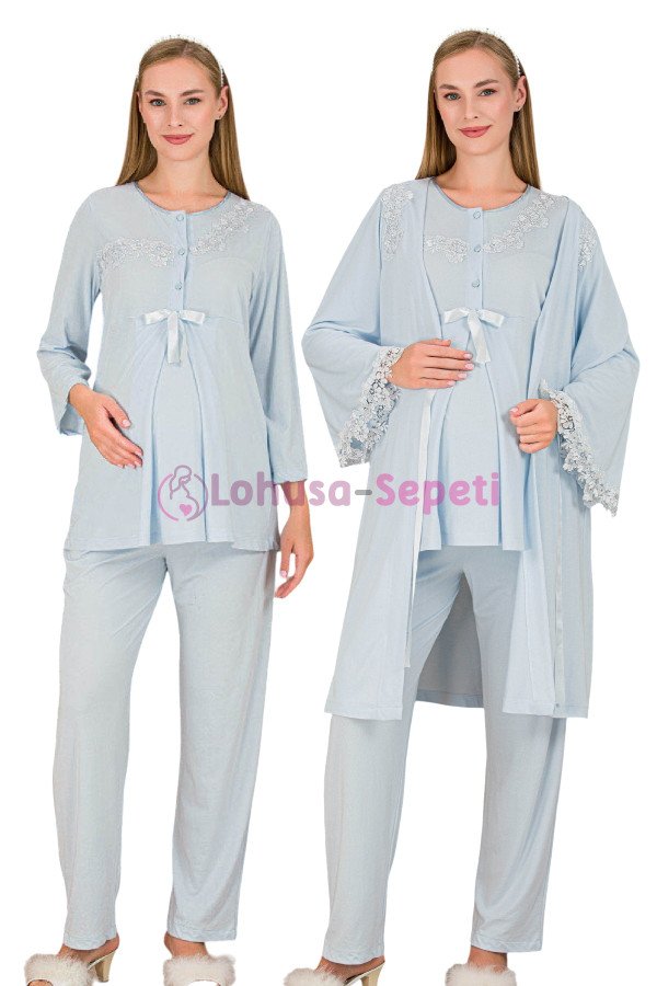 Mavi Renkli Derin Patlı,  33007 Sabahlıklı 3lü Lohusa Hamile Pijama Takımı | Lohusa-Sepeti.com