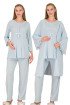 Bebe Mavi Renkli, Dantel Detaylı, Derin Patlı,  33007 Sabahlıklı 3lü Lohusa Hamile Pijama Takımı