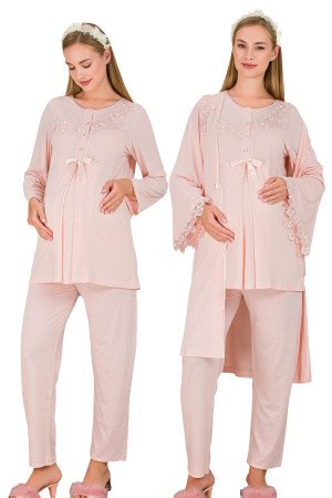 Bebe Pembe Renkli Derin Patlı, Dantel Detaylı,  33007 Sabahlıklı 3lü Lohusa Hamile Pijama Takımı