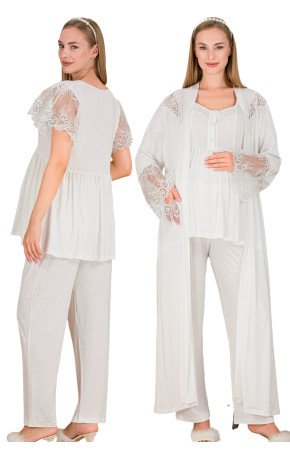 Ekru Renkli, Dantel Detaylı, Kısa Kol ve Derin Patlı, 33008 Sabahlıklı 3lü Lohusa Hamile Pijama Takımı Ekru Renkli, Dantel Detaylı, Kısa Kol ve Derin Patlı, 33008 Sabahlıklı 3lü Lohusa Hamile Pijama Takımı
