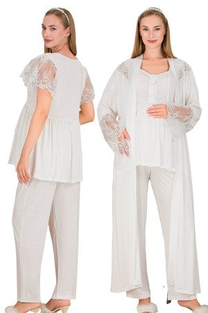 Ekru Renkli, Dantel Detaylı, Kısa Kol ve Derin Patlı, 33008 Sabahlıklı 3lü Lohusa Hamile Pijama Takımı Ekru Renkli, Dantel Detaylı, Kısa Kol ve Derin Patlı, 33008 Sabahlıklı 3lü Lohusa Hamile Pijama Takımı