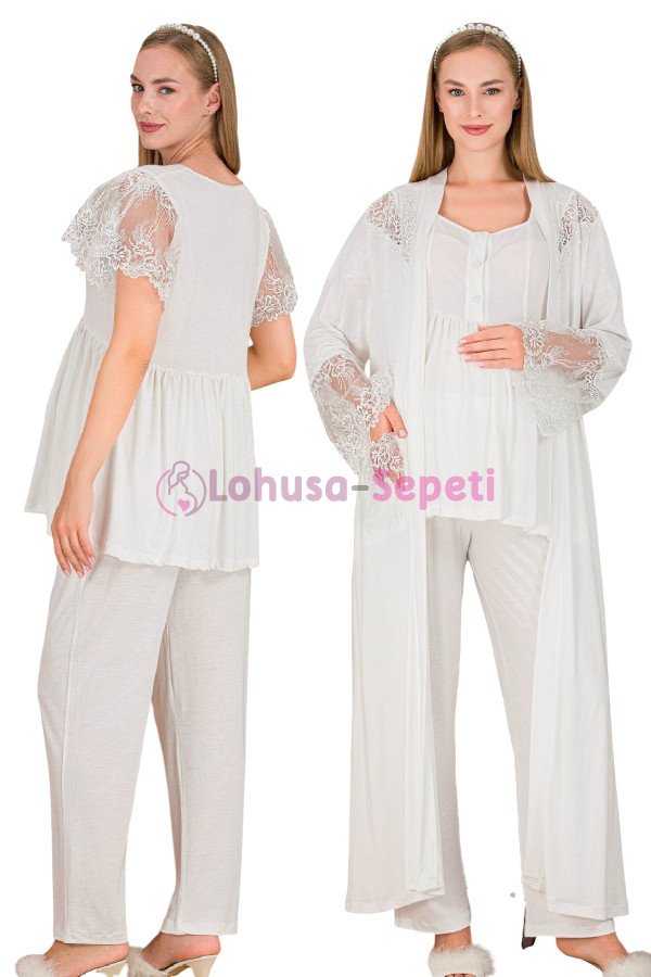 Ekru Renkli Derin Patlı,  33008 Sabahlıklı 3lü Lohusa Hamile Pijama Takımı | Lohusa-Sepeti.com