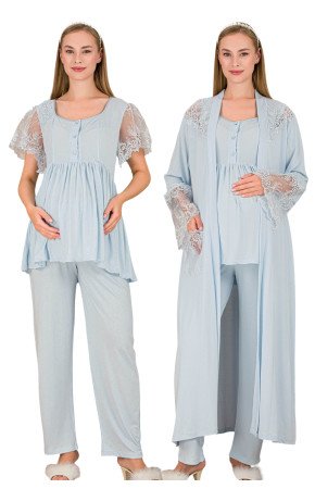 Bebe Mavi Renkli, Dantel Detaylı Kısa Kol, Derin Patlı,  33008 Sabahlıklı 3lü Lohusa Hamile Pijama Takımı
