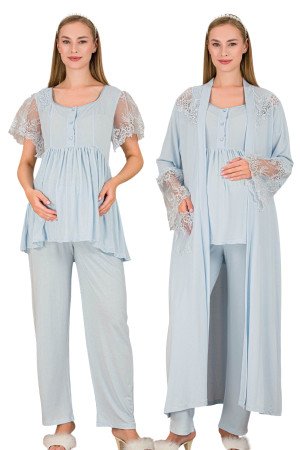 Bebe Mavi Renkli, Dantel Detaylı Kısa Kol, Derin Patlı, 33008 Sabahlıklı 3lü Lohusa Hamile Pijama Takımı Bebe Mavi Renkli, Dantel Detaylı Kısa Kol, Derin Patlı, 33008 Sabahlıklı 3lü Lohusa Hamile Pijama Takımı