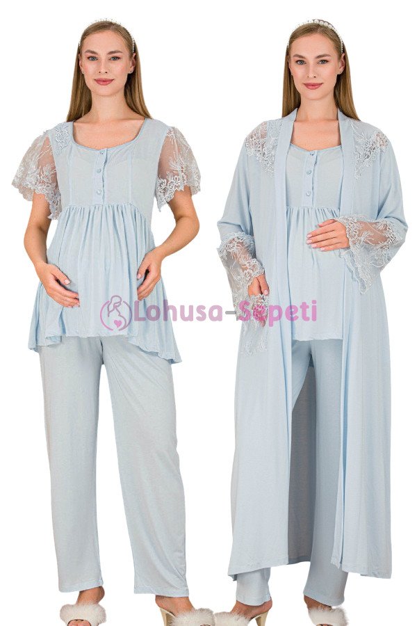 Mavi Renkli Derin Patlı,  33008 Sabahlıklı 3lü Lohusa Hamile Pijama Takımı | Lohusa-Sepeti.com