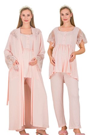 Bebe Pembe Renkli Derin Patlı, Dantel Detaylı, 33008 Sabahlıklı 3lü Lohusa Hamile Pijama Takımı Bebe Pembe Renkli Derin Patlı, Dantel Detaylı, 33008 Sabahlıklı 3lü Lohusa Hamile Pijama Takımı