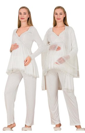 Ekru Renkli, Dantel Detaylı, Uzun Kol ve Derin Patlı,  33009 Sabahlıklı 3lü Lohusa Hamile Pijama Takımı