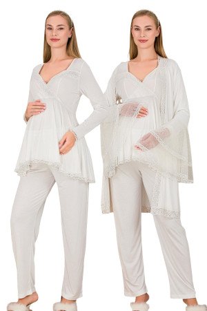 Ekru Renkli, Dantel Detaylı, Uzun Kol ve Derin Patlı, 33009 Sabahlıklı 3lü Lohusa Hamile Pijama Takımı Ekru Renkli, Dantel Detaylı, Uzun Kol ve Derin Patlı, 33009 Sabahlıklı 3lü Lohusa Hamile Pijama Takımı