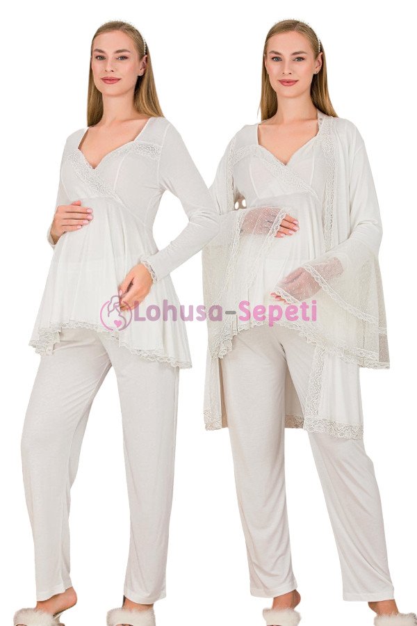 Ekru Renkli Derin Patlı,  33009 Sabahlıklı 3lü Lohusa Hamile Pijama Takımı | Lohusa-Sepeti.com