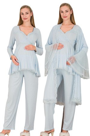 Bebe Mavi Renkli, Dantel Detaylı Uzun Kol, Derin Patlı, 33009 Sabahlıklı 3lü Lohusa Hamile Pijama Takımı Bebe Mavi Renkli, Dantel Detaylı Uzun Kol, Derin Patlı, 33009 Sabahlıklı 3lü Lohusa Hamile Pijama Takımı