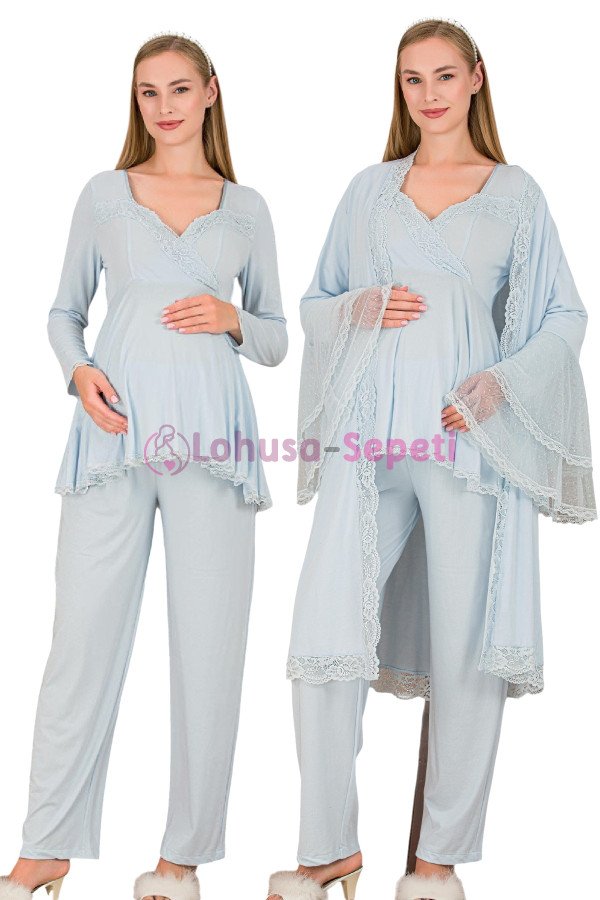 Mavi Renkli Derin Patlı,  33009 Sabahlıklı 3lü Lohusa Hamile Pijama Takımı | Lohusa-Sepeti.com