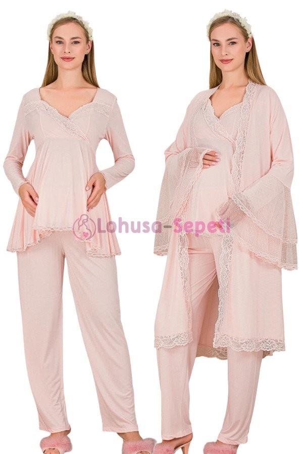 Pembe Renkli Derin Patlı,  33009 Sabahlıklı 3lü Lohusa Hamile Pijama Takımı | Lohusa-Sepeti.com