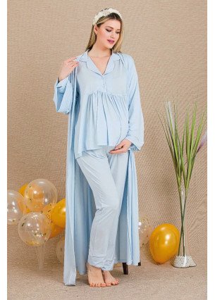 Mavi Renkli Derin Patlı, 33001 Sabahlıklı 3lü Lohusa Hamile Pijama Takımı