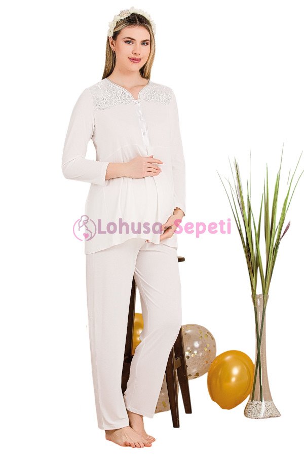 Ekru Renkli Dantel Detaylı, 33201 2li Lohusa Hamile Pijama Takımı | Lohusa-Sepeti.com