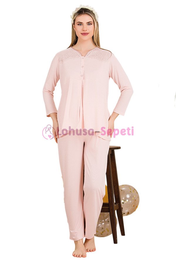 Bebe Pembe Renkli Dantel Detaylı, 33201,  2li Lohusa Hamile Pijama Takımı | Lohusa-Sepeti.com