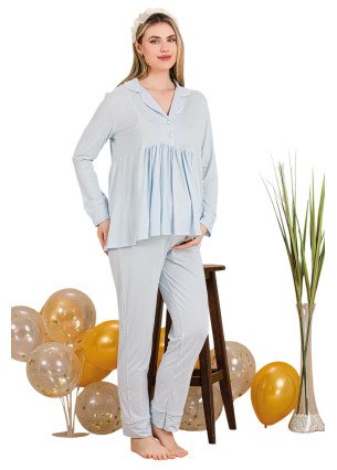 Bebe Mavi Renkli Gömlek Yakalı, 33202, 2 Parça Lohusa Hamile Pijama Takımı