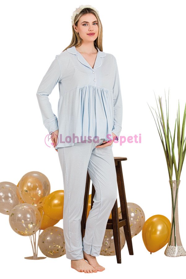 Bebe Mavi Renkli Gömlek Yakalı, 33202 2li Lohusa Hamile Pijama Takımı | Lohusa-Sepeti.com