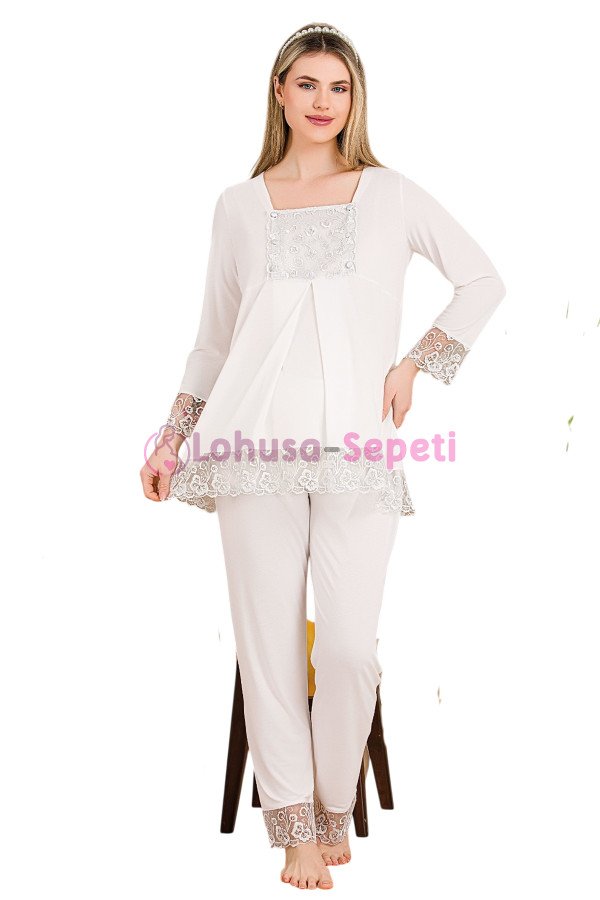 Ekru Renkli Dantel Detaylı, 33203, 2li Lohusa Hamile Pijama Takımı | Lohusa-Sepeti.com