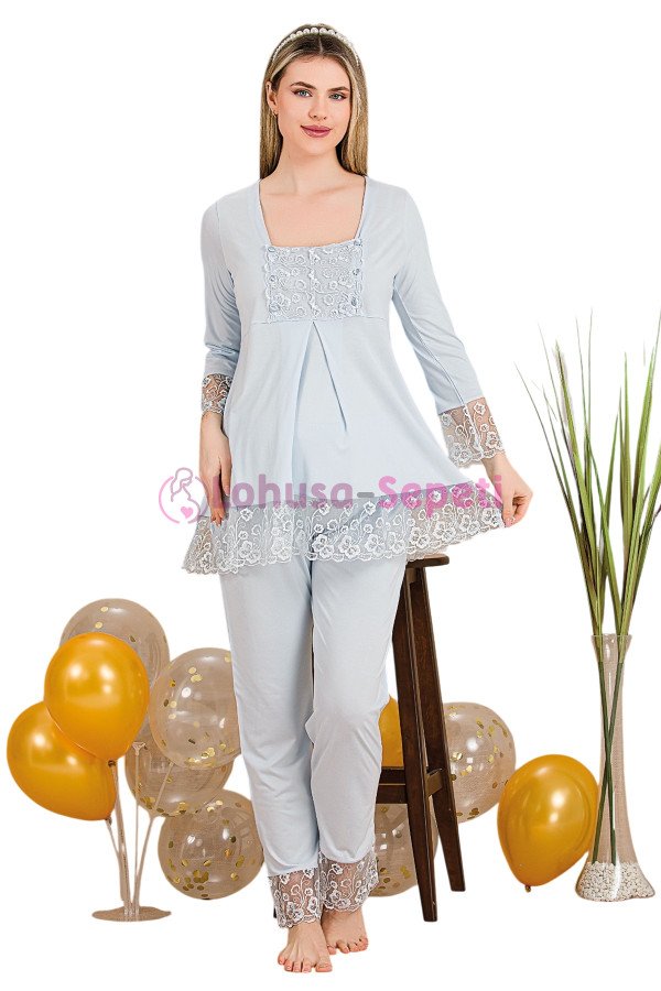 Bebe Mavi Renkli Dantel Detaylı, 33203,  2li Lohusa Hamile Pijama Takımı | Lohusa-Sepeti.com