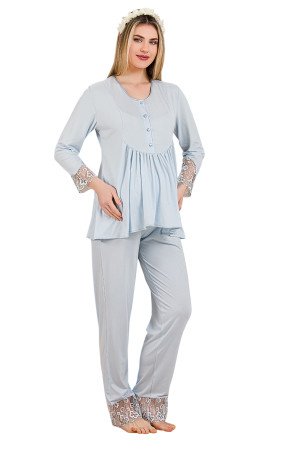 Bebe Mavi Renkli Dantel Detaylı, 33204, 2 Parça Lohusa Hamile Pijama Takımı