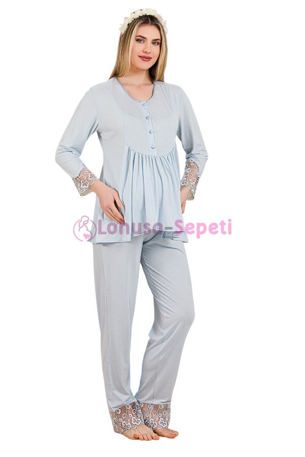 Bebe Mavi Renkli Dantel Detaylı, 33204, 2li Lohusa Hamile Pijama Takımı | Lohusa-Sepeti.com