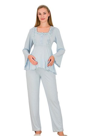 Bebe Mavi Renkli Dantel Detaylı, 33205, 2 Parça Lohusa Hamile Pijama Takımı