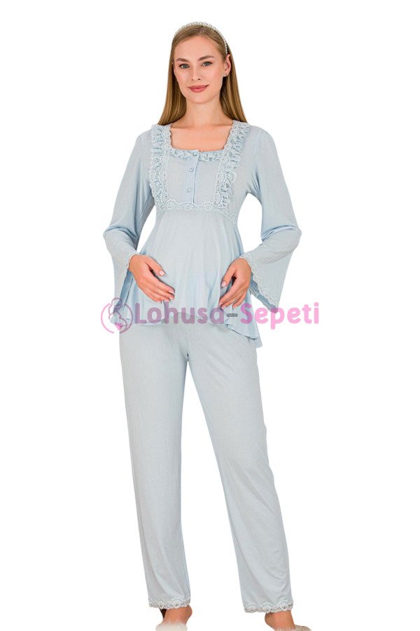 Bebe Mavi Renkli Dantel Detaylı, 33205, 2li Lohusa Hamile Pijama Takımı | Lohusa-Sepeti.com