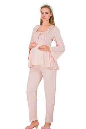 Bebe Pembe Renkli Dantel Detaylı, 33205, 2 Parça Lohusa Hamile Pijama Takımı
