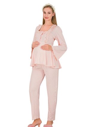 Bebe Pembe Renkli Dantel Detaylı, 33205, 2 Parça Lohusa Hamile Pijama Takımı