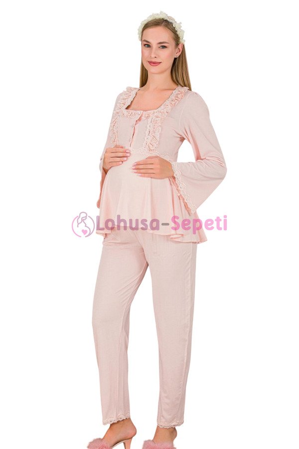 Bebe Pembe Renkli Dantel Detaylı, 33205, 2li Lohusa Hamile Pijama Takımı | Lohusa-Sepeti.com