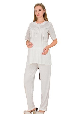 Ekru Renkli Dantel Detaylı, 33206, 2 Parça Lohusa Hamile Pijama Takımı
