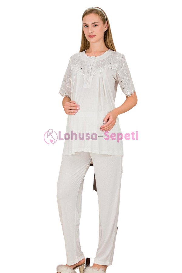 Ekru Renkli Dantel Detaylı, 33206, 2li Lohusa Hamile Pijama Takımı | Lohusa-Sepeti.com