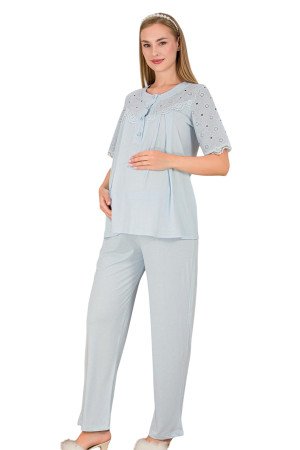Bebe Mavi Renkli Dantel Detaylı, 33206, 2 Parça Lohusa Hamile Pijama Takımı
