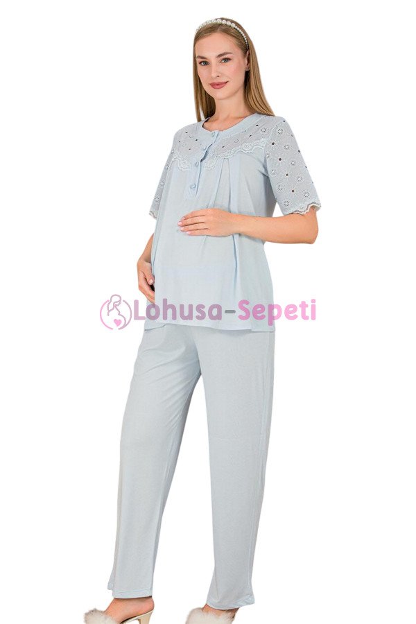 Bebe Mavi Renkli Dantel Detaylı, 33206, 2li Lohusa Hamile Pijama Takımı | Lohusa-Sepeti.com