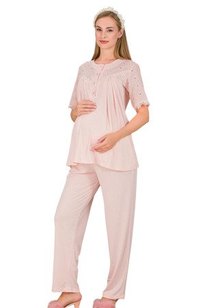 Bebe Pembe Renkli Dantel Detaylı, 33206, 2 Parça Lohusa Hamile Pijama Takımı