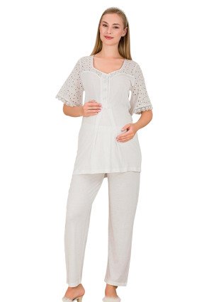 Ekru Renkli Dantel Detaylı, 33207, 2 Parça Lohusa Hamile Pijama Takımı Ekru Renkli Dantel Detaylı, 33207, 2 Parça Lohusa Hamile Pijama Takımı
