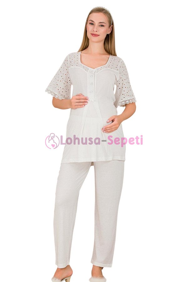 Ekru Renkli Dantel Detaylı, 33207, 2li Lohusa Hamile Pijama Takımı | Lohusa-Sepeti.com